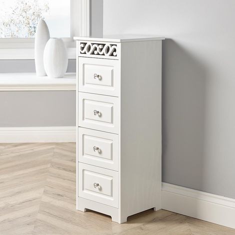 Storage Cabinet 4 Drawers Hallway Furniture White Crystal Handles Wooden Painted