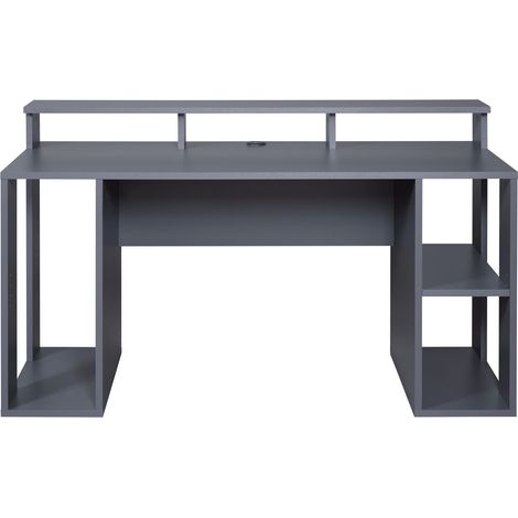 Bureau gamer / bureau informatique en bois coloris gris anthracite - longueur 160 x profondeur 91 x hauteur 67 cm -PEGANE- (1/5)