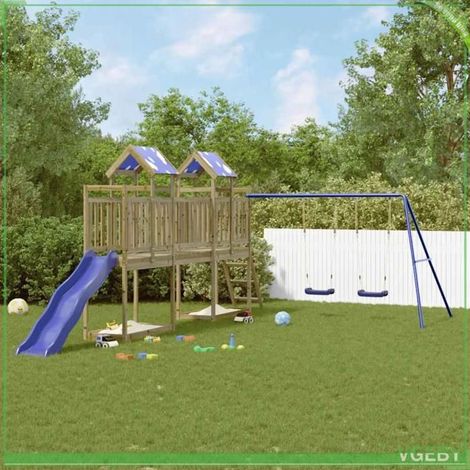 Aire de jeux d'extérieur - 3279084 - 2 tours de jeu - toboggan ondulé bleu - balançoire double (1/5)