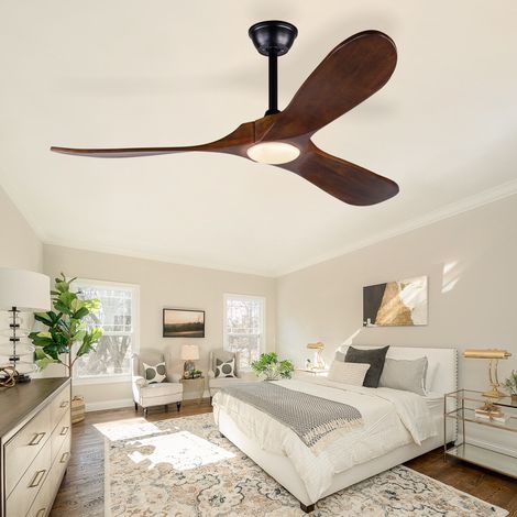 Ventilateur de plafond avec lumière, ventilateur silencieux de salon chambre télécommande, 3 pales en bois massif 132 cm, Noir et Noyer foncé (1/5)