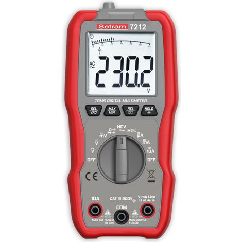 Multimètre numérique TRMS 600V – Courant jusqu'à 10A – Détection sans contact – Sécurité CAT III 600V – Écran LCD rétroéclairé – Sefram