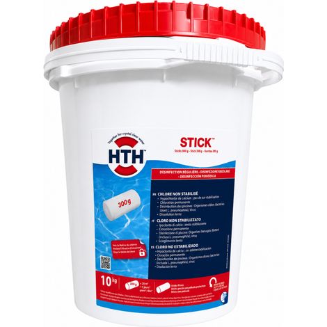 HTH – Hypochlorite de calcium stick 10 kg – Traitement régulier sans stabilisant – Dissolution lente pour eau saine – Élimination rapide des bactéries