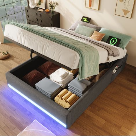 lit adulte rangement 90x200 lin gris LED USB Type C OKMYHOME (1/5)