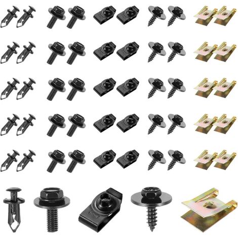 Boîte de 100 clips U métalliques et vis universels, assortiment agrafes et écrous de fixation pour carrosserie automobile (1/4)