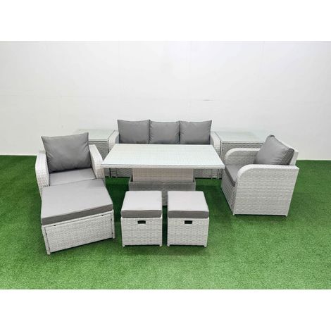 Fimous PE Rattan Garden Furniture Set Reclining Chair Sofa Lounge Sofa Set Adjustable Lifting Dining or Coffee Table 2 Side Table 3 Stools Light Grey (1/4)