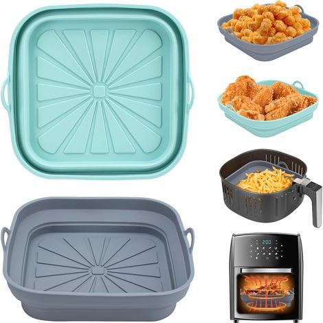 Moule Silicone Air Fryer, 2 Pièces Panier Moule pour Friteuse à Air Chaud Réutilisable Airfryer Pot Plat Carré Pliable Doublure Liner pour Friteuse Air, Micro-ondes, Four (Bleu Clair+Gris) (1/5)