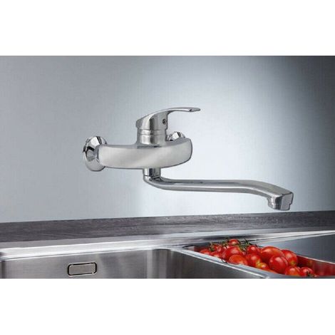 Trade Shop - Rubinetto A Parete Miscelatore 2 Fori A Muro Per Lavello Da Cucina Cromato 52335 - (1/3)