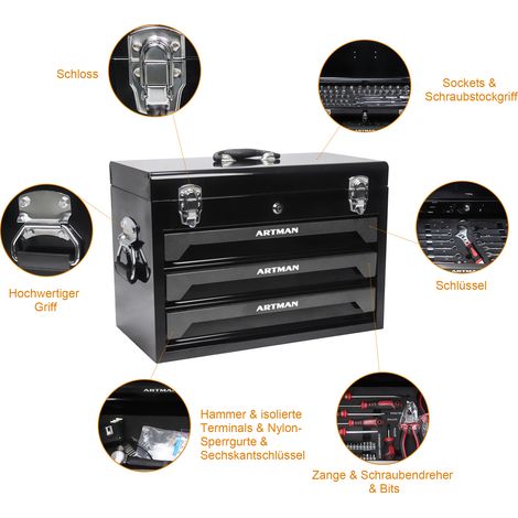 Mallette à outils portable 3 niveaux, 4 étages de rangement, verrous en métal, compartiment haut avec accessoires - Noir, idéale pour garage, atelier ou appartement.