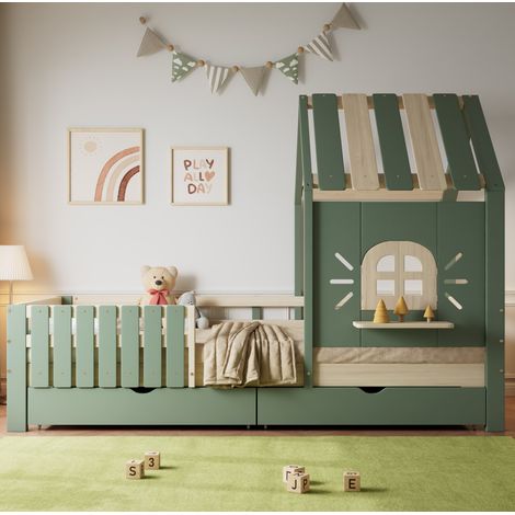 MEUBLIV Cama cabaña 90x200 cm verde y natural – con cajones, sin colchón (1/5)