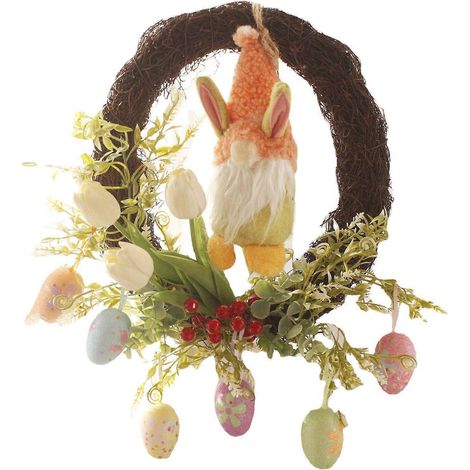 Künstlicher Osterkranz, Eier, Hasen, Wichtel, Rattanrahmen, Hängegirlande