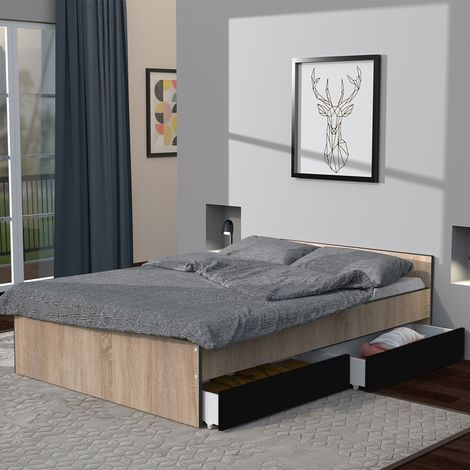 Le Quai Des Affaires – Lit KAPPA 140x190 cm avec 2 tiroirs – Décor chêne blanchi et noir – Structure en panneau de particules – Hauteur 59 cm