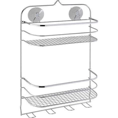 Étagère de Douche à Ventouse, Panier de Stockage Salle de Bains Chromé, Rangement 2 Tablettes de Douche Fixation sans Perçage, Argenté (1/3)