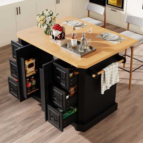 Îlot cuisine mobile 2 portes 6 tiroirs sur roulettes blanc/noir 120x45(75)x91 cm