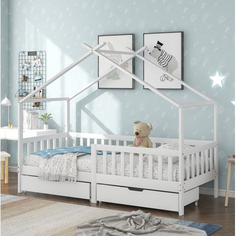 Cama infantil tipo casita de madera maciza blanca 90x200 cm con 2 cajones, barandilla y somier de láminas (1/5)