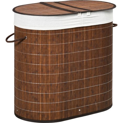 Cesta para la colada de bambú 100 L con tapa y asas, doble compartimento, marrón (1/5)
