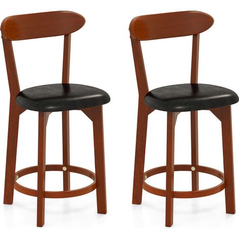 COSTWAY Bar Stool Set of 2 60cm Seat Height Barstools w/ Curved Backrest-Walnut