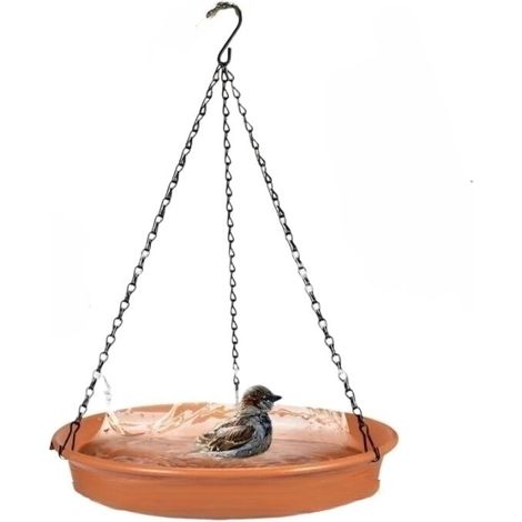 1 mangeoire/bain à oiseaux suspendu simple, de forme ronde, adapté aux jardins extérieurs. (1/4)