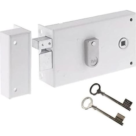 Serrure en applique horizontale à fouillot Gauche - YAH37G - Blanc, 2 Clés fournies, Axe à 55 mm, Carré de 6 mm, Version Gauche - pour Grille et Portail (1/4)
