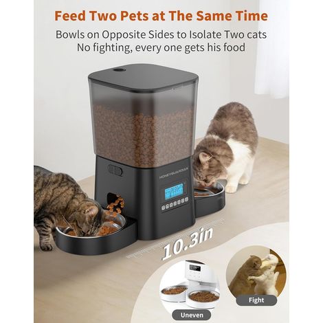 Distributeur de nourriture automatique pour deux chats et chiens avec double gamelle en acier inoxydable, programmable pour 6 repas, enregistrement vocal 10s et double alimentation