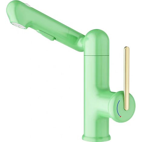 Grifo para lavabo de baño totalmente de cobre con manija elevable, diseño de baño moderno, color verde (1/4)