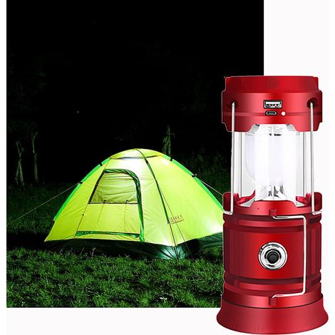 Lanterne LED Rechargeable Solaire/USB, Lampe Camping Puissante, 2 Modes Lanterne de Jardin Portable, Torche 360° Eclairage Suspendue avec Etanche pour Bivouac/Secours/Garage/Cave/Pêche(Rouge)