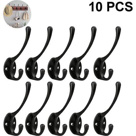 Lot de 10 patères murales rustiques noires rétro, robustes et à double crochet. (1/5)