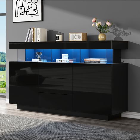 Credenza 140x35x80 cm nero in legno con LED, 3 cassetti e 2 armadi, finitura lucida (1/5)