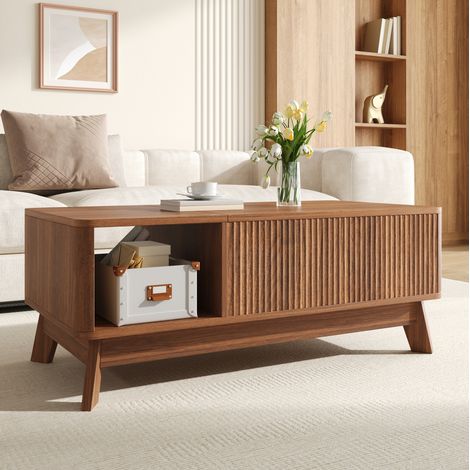 Mesa de centro de MDF color nogal 95 cm con tablero elevable y almacenaje (1/5)