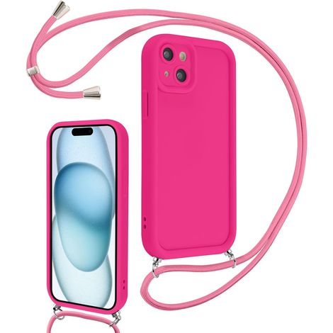Coque pour iPhone 15 6,1" avec Cordon de Collier Réglable, Etui Protection de la Caméra Silicone Souple TPU Antichoc Housse avec Corde Lanyard Cover pour Femmes Filles, Rose Rouge (1/5)