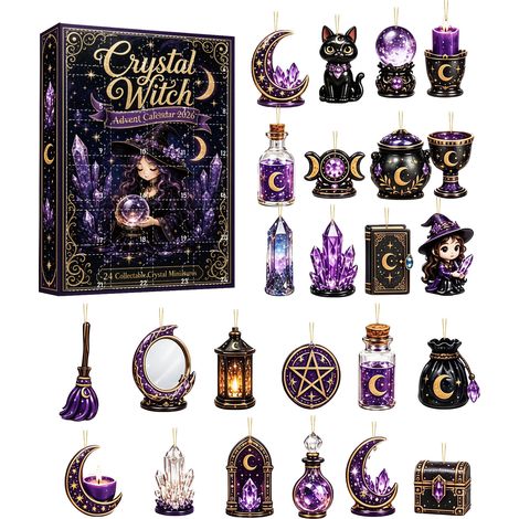Adventskalender 2026 – 24-teilig – lila-schwarz – Acryl – Kristallhexen-Motiv – Hängendes Ornament-Set – Sammelbare Mini-Dekorationen – Geeignet für Inneneinrichtung und Partydekoration (1/5)