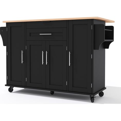 Mobile Kücheninsel mit ausziehbarer Arbeitsplatte 136 x 70 x 92 cm, MDF, schwarz/natur (1/5)
