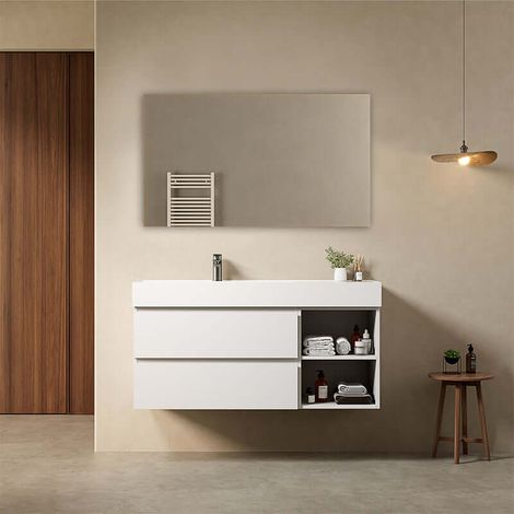 Mobile bagno sospeso 120 cm Bianco Lavabo a Sinistra in Resina Specchio Quadro - Fiji Paint Plus (1/4)
