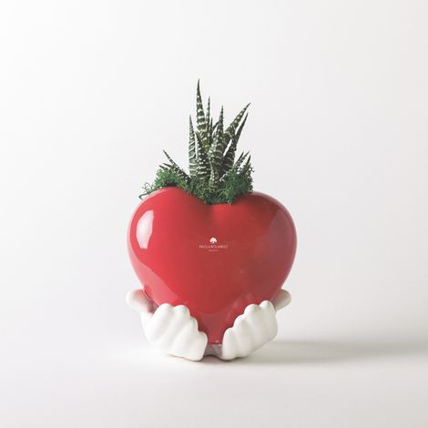 Pianta grassa vera vaso ceramica Made in Italy Cuoricino tra le Mani - Rosso