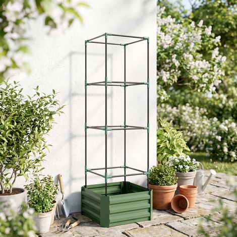 Jardinière avec treillis ajustable, bac à fleurs avec cage à tomates acier galvanisé 61 x 61 x 187 cm vert (1/5)