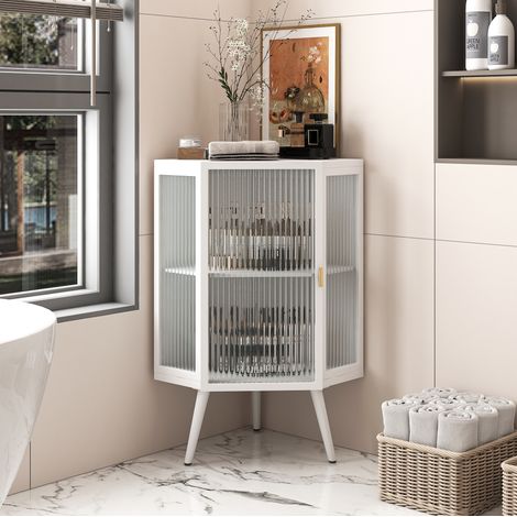Eckschrank 56/42,5/80 cm Weiß aus Metall und Sicherheitsglas mit Tür (1/5)