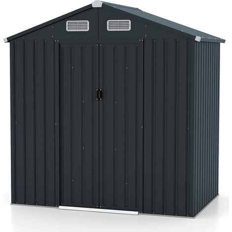 Goplus – Abri de jardin métal 4,90m³ avec portes coulissantes – Toit incliné anti-accumulation – Structure en acier galvanisé antirouille – Aérations latérales