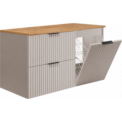 Meuble de salle de bain suspendu 100 cm avec panier à linge, 2 tiroirs, 1 porte, Cachemire / Chêne clair, poignées noires, 100 x 46 x 58,6 cm (1/5)