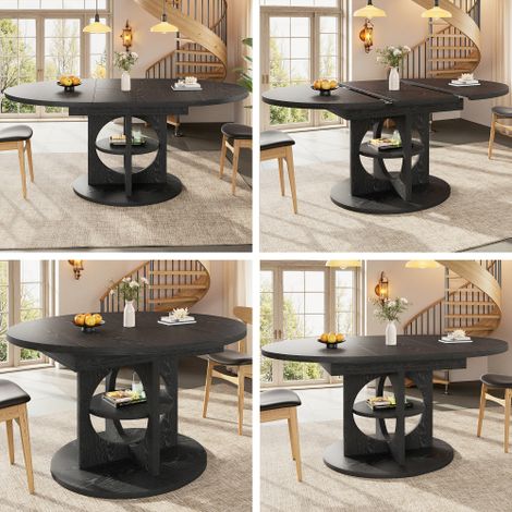 Tavolo da pranzo allungabile con contenitore, 110–150 cm, effetto legno nero, portata massima 60 kg, da rotondo a ovale (1/5)