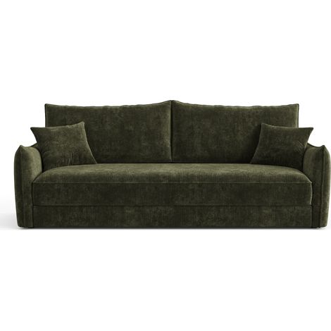 Canapé convertible 3 places en velours texturé vert kaki PLUME (1/5)