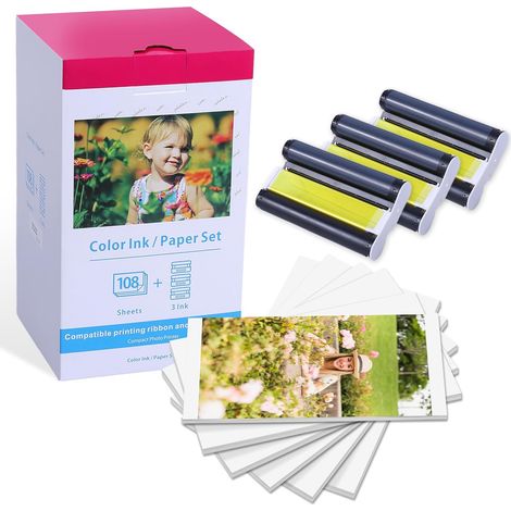 Ersatz-Fotopapier und -Kartusche für Canon Selphy CP1300, für Canon Selphy CP1500 CP1200 CP1000 CP910, kompatibles KP-108IN 3115B001(AA), 3 Druckerpatronen und 108 Blatt Papier (100 x 148 mm)