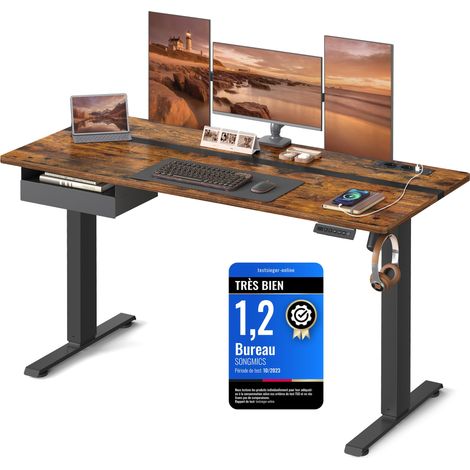 Bureau Électrique Réglable en Hauteur, Bureau Assis-Debout, Multiprise, Tiroir, 70 x 160 cm, Réglable en Continu, Fonction Mémoire de 4 Hauteurs, Marron Rustique et Noir d'encre (1/5)