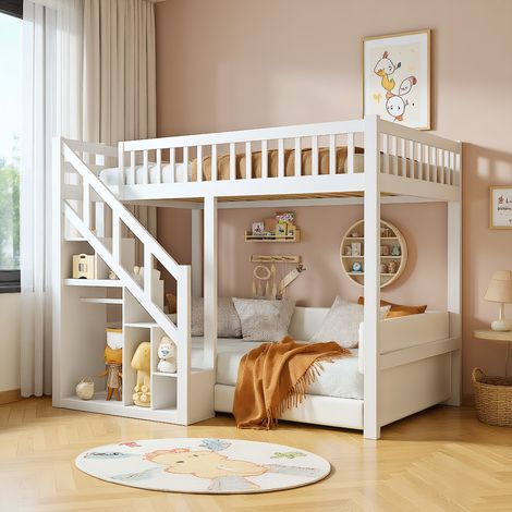 Etagenbett 140x200 cm für Kinder, Kinderhochbett mit Treppe und Stauraumschrank, Rausfallschutz Hochbett mit Stern und Monddekoration, Multifunktional Jugendhochbett, Massivholz Weiß