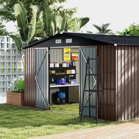 Abri de Stockage Extérieur Grand Hangar à Outils avec Design de Toit Incliné Portes Fermables avec Clés 4 Aérations 350x350x198cm Gris (1/5)
