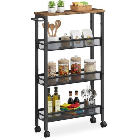 Relaxdays Nischenwagen, HBT: 77 x 13 x 45,5 cm, schmales Nischenregal Bad & Küche, 4 Ebenen, Metall, braun/schwarz