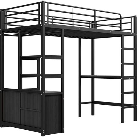 Letto a soppalco 90 x 200 cm in metallo nero con scrivania, prese USB, scaffali e scala (1/5)