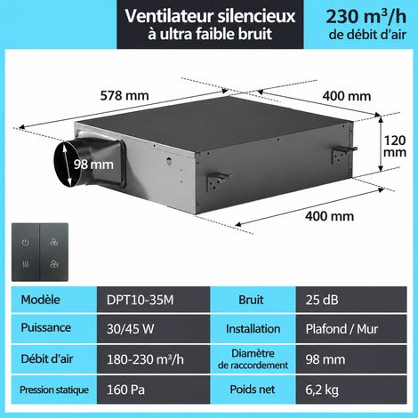 VMC ventilateur de conduit silencieux flux simple débit 230 45 DPT10-35M 65 × 47 × 20 cm 7,6 kg – Livraison gratuite
