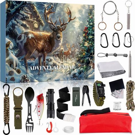 – Coffret de secours calendrier de l'Avent pour hommes – 24 outils de survie – Lampe de poche – Cordon de parachute – Conception portable (1/5)