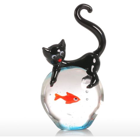 Figura de gato y pez de vidrio soplado a mano, decoración para el hogar, negro y rojo + coleccionable + regalo original + embalaje cuidadoso + en stock (1/5)
