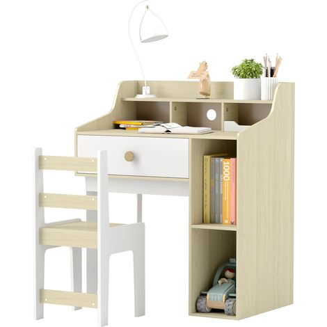 Banco Scuola per Bambini con Scaffali e Cassetto Bianco e Legno (1/5)