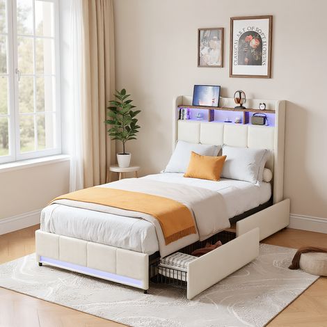 Polsterbett Doppelbett 90x200 cm, mit LED-Beleuchtung und USB-Ladestation, Modernes Jugendbett mit Kopfteil und Lattenrost, Leinen Beige, Ohne Matratze